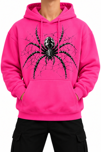 Sweat à capuche rose pour homme avec logo personnalisé, imprimé toile d'araignée, en coton tricoté, décontracté, pour l'automne, avec poche avant et logo. - Product Image 2