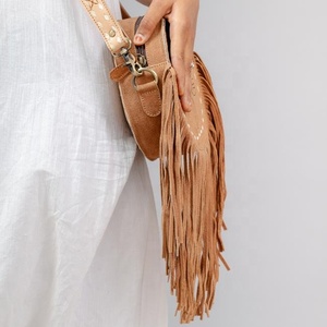 2025 New Arrivals Boot Stitch Hand Tooled Suede Leather <b>Round</b> Shoulder Fringe Bag For Women Genuine Leather Circle Crossbody Bag - Product Image 3