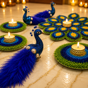 Alfombra Rangoli de Lana Hecha a Mano de Alta Calidad, Juego de Diya con Plumas de Pavo Real, Decoración para el Festival Diwali Pooja, Decoración del Hogar - Product Image 3
