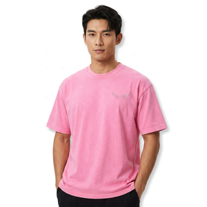<b>Pink</b> Oversized Short Sleeve T-Shirt with Embossed Wing Logo Men's Casual Knitted Cotton O-Neck <b>Top</b> - Product Image 3