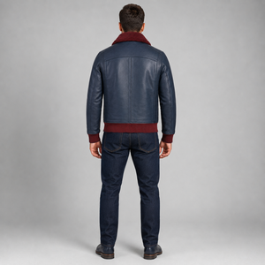 <b>Men</b>’s Premium Leather Aviator <b>Jacket</b> with Contrast Fur Collar, Front Zip Closure and Rib Knit Waistband - Product Image 4