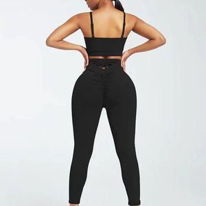 Women Yoga Set 2 Piece Solid <b>Black</b> Crisscross Strap Crop Top High Waist <b>Leggings</b> Seamless Breathable Spandex Polyester - Product Image 3