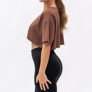 Camiseta Corta Personalizada para Mujer, Color Marrón, Algodón, Corte Ajustado, Manga Corta, Lisa, Informal, para Gimnasio, Verano, Satinada - Product Image 3