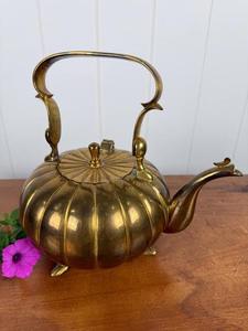 Vintage Brass Pumpkin Shape Tea Kettle With <b>Lid</b> And Handle Metal Water <b>Pot</b> - Product Image 1