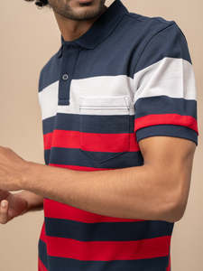 Camiseta de Punto a Rayas para Hombre, Manga Corta, Corte Regular, Diseño Casual con Bloques de Color Azul Marino, Rojo y Blanco - Product Image 2