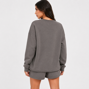 Ensemble sweat-shirt et short pour femme, en molleton peigné 340g, style vintage, anti-rétrécissement, coupe décontractée ample, avec cordon de serrage et poches, séchage rapide, OEM ODM - Product Image 4