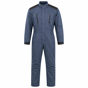 Combinaison industrielle pour homme en sergé épais bleu ardoise noir, avec col montant, fermetures éclair doubles sur la poitrine et poches renforcées aux genoux - Product Image 1