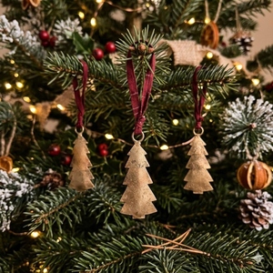 Set Of Five Golden Metal Christmas <b>Tree</b> <b>Ornaments</b> With Red Ribbon Hangers For Festive Holiday Decorating And <b>Tree</b> Display - Product Image 3