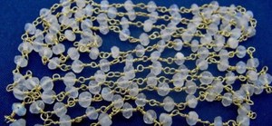 1 Foot-: Natural White Rainbow Moonstone Rondelle Faceted 3-4mm Beaded Wire Wrapped <b>Rosary</b> Chain - Product Image 2