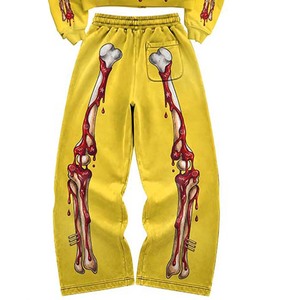 Conjunto de Sudadera con Capucha y Pantalones Deportivos para Hombre, Estampado de Esqueleto Amarillo, Estilo Urbano, Impresión Digital, Poliéster, Dos Piezas, Ropa de Otoño - Product Image 2