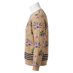 Sweat-shirt beige de haute qualité, personnalisé, respirant, imprimé floral orchidées violettes, avec bandes horizontales à l'ourlet marine, vêtement doux NEXTEX - Product Image 4
