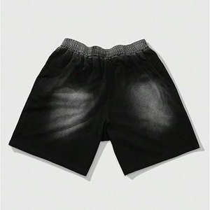 Pantalones cortos de felpa estilo streetwear, lisos, con pedrería, negros, con lavado ácido, vintage, transpirables, para venta al por mayor, para exteriores, para natación, con efecto lavado - Product Image 4