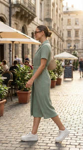 Vestido Midi Verde Menta de Punto con Cuello Solapa y Cinturón, Estilo Tubo Casual, Manga Corta, Ajustado, Color Sólido, para Primavera - Product Image 2