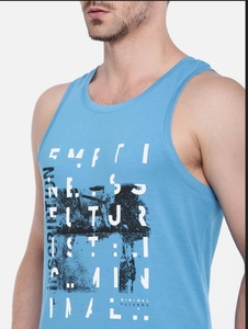 Camiseta sin Mangas Azul Claro para Hombre con Estampado de Letras en la Parte Delantera, Cuello Redondo, Estilo Casual, 100% Algodón, Tejido Transpirable - Product Image 6