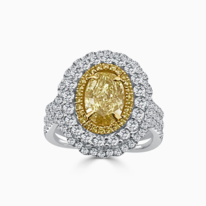 Bague de fiançailles de luxe en or blanc 18 carats avec diamant jaune intense de laboratoire taille ovale, triple halo sur les épaules, 1,31 ct, clarté SI2 - Product Image 1