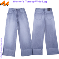 Jean décontracté pour femme, taille mi-haute, coupe ample et décontractée, jambe large, ourlet retroussé, en denim délavé clair, tissu BCI et coton recyclé, 10.17 OZ