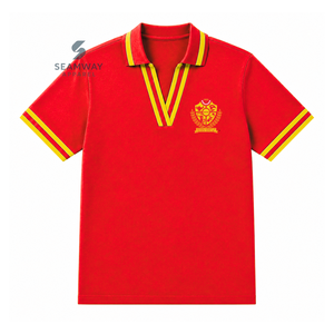 เสื้อโปโล NSPDK สำหรับสตรี สีแดงลายทอง คอวี ผ้าปิเก้ถัก แขนสั้น ปักลายตราสัญลักษณ์ เสื้อยืดคอปก สไตล์กรีก - Product Image 1