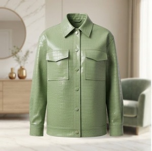 Veste Safari en Cuir PU Embossé Crocodile Vert pour Femme, Col Revers, Manches Longues, Style Utilitaire Automne, Longueur Standard - Product Image 1
