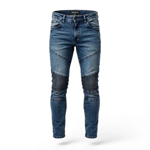 Jean cargo slim pour homme en denim foncé délavé, taille mi-haute, poches zippées, pantalon décontracté en coton de BD - Product Image 5