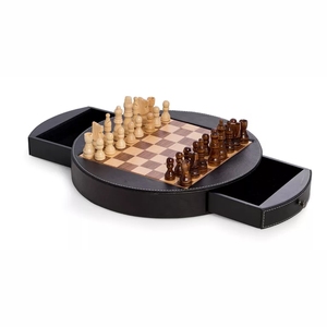 Jeu d'échecs en bois de qualité supérieure, plateau rond en cuir avec 2 tiroirs intégrés, jeu de société classique, jeu d'échecs de luxe en gros pour cadeau - Product Image 1