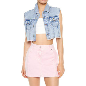 เสื้อแจ็คเก็ตยีนส์ผู้หญิงดีไซน์ใหม่ขายส่ง สตรีทแวร์ ผ้าฝ้าย 100% ยืดได้ ล้างสีแบบแอซิด แจ็คเก็ตครอปท็อป เสื้อแจ็คเก็ตแขนกุดผู้หญิง - Product Image 2