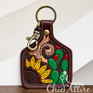 2026 Handmade Tooled Leather Cowhide Keychain Sunflower Cactus Western Key Fob Rustic Floral Car Key Holder Gift for Women Men - Product Image 1