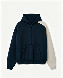 Sudadera con capucha y cremallera para hombre, diseño color block personalizado, azul marino y crema, estilo casual oversize, ropa urbana. - Product Image 3