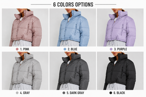 Women's Oversized Cropped Puffer Jacket – Lightweight <b>Quilted</b> Winter Coat with Stand Collar and Adjustable Hem - Product Image 3