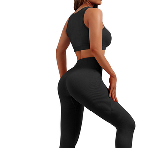 Leggings de yoga côtelés en spandex taille mi-haute pour femme, coupe fluide, longueur intégrale, sans couture, extensibles, noirs - Product Image 1