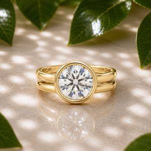 Round Bezel <b>Solitaire</b> Dual Bridal Wedding Band Set 14K 18K Yellow Gold 3.00 CT IGI Certified Lab Grown Diamond Wholesale Jewelry - Product Image 1