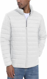 <b>Men's</b> <b>White</b> Lightweight <b>Puffer</b> <b>Jacket</b> Stand Collar Zipper Closure Windproof Casual Winter Wear Slim Fit Solid Color - Product Image 2