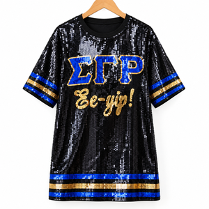 เสื้อคลุมปักเลื่อมโลโก้ชมรมพี่น้องหญิงแบบกำหนดเอง ซิกมาแกมมาโร ตัวอักษรกรีก เสื้อยืดปักเลื่อม เดรสผ้าเจอร์ซีย์ปักเลื่อม - Product Image 4