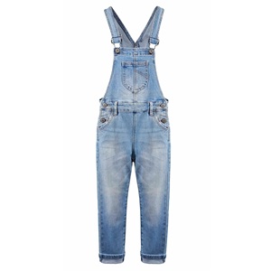 Salopette unisexe en jean, longueur intégrale, couleur unie, taille mi-haute, coupe droite, bretelles réglables, fermeture boutonnée, poches plaquées, coton délavé - Product Image 1