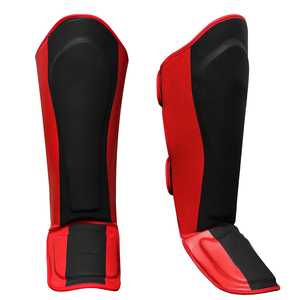 Red And Black Kick Boxing Shin Guards Faux Leather Hook Loop Closure <b>Adjustable</b> For Adults Martial Arts Training Sparring - Product Image 4