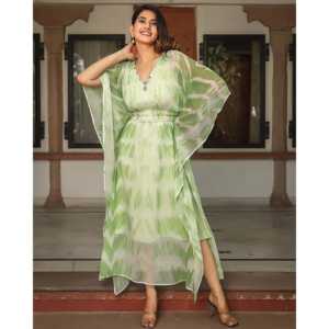 Conjunto de Kaftán de Chifón con Estampado Tie-Dye Verde, Silueta Holgada con Cintura Elástica, Talla XS, Translúcido, para Ocio - Product Image 2