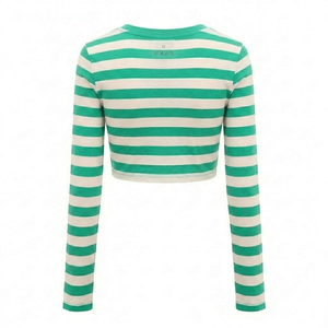 Camiseta corta de manga larga para mujer, personalizada al por mayor, con rayas verdes y blancas, de poliéster ligero de secado rápido, a la moda para el verano. - Product Image 2