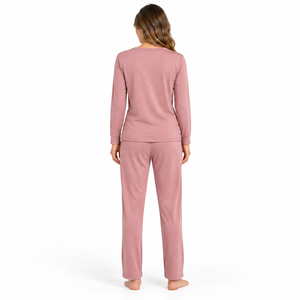 Conjunto de Pijama Rosa Polvoriento para Mujer, Manga Larga, Cuello en V, Pantalones de Pierna Recta, Ropa de Dormir Casual de Dos Piezas, Venta al Por Mayor, OEM, ODM, Ropa B2B - Product Image 3
