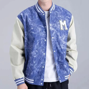 Chaqueta Varsity Azul para Hombre, Corte Regular, Letra M Bordada, Cuello Camisero, Cierre de Botones, Algodón y Poliéster, Ropa Casual de Otoño - Product Image 3