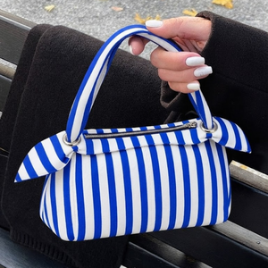 Blue <b>White</b> Striped Sustainable Soft Bow Handbag Zipper Closure Large Capacity Fashion Casual Tote for Daily Use - Product Image 4