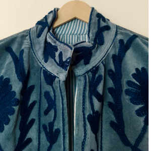 Blue Floral Embroidered <b>Velvet</b> Cotton Breathable Woven <b>Jacket</b> Suzani Style Outerwear <b>for</b> <b>Women</b> - Product Image 3