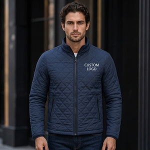 Men's Navy Quilted <b>Jacket</b> With Custom Logo Front Zipper Stand Collar Casual Autumn Wear Windproof Polyester Wadding - Product Image 1
