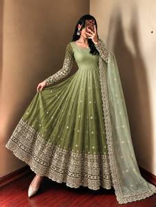 Robe Anarkali en Georgette brodée vert sauge pour femme, longueur normale, robe de mariage traditionnelle avec dupatta, séchage rapide - Product Image 2