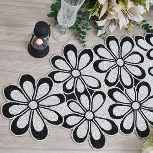 Floral Table <b>Runner</b> Fabric Mats Flower Shape Handmade Modern Design <b>Black</b> White - Product Image 5