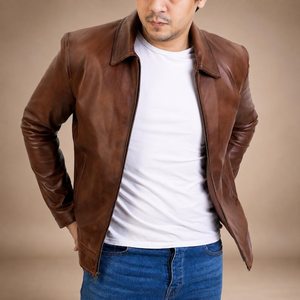 <b>Brown</b> <b>Leather</b> <b>Jacket</b> <b>Men</b> Zip Up Collared Casual Outerwear Autumn Style Genuine <b>Leather</b> Slim Fit Regular Length - Product Image 3
