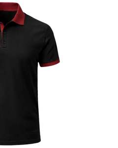 เสื้อโปโลผู้ชายสีดำแบบกำหนดเอง ผ้าฝ้าย คอปกและปลายแขนเสื้อสีแดงตัดกัน ทรงคลาสสิก สวมใส่สบายสำหรับฤดูร้อน รับผลิตแบบ OEM จำนวนมาก - Product Image 4