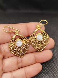 Export Brass Gemstone Drop <b>Earrings</b> Bulk Handcrafted Gold Plated Finish Moonstone Pattern Bezel - Product Image 6