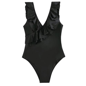 Maillot de bain une pièce en satin noir pour femme, col en V, volants, bretelles spaghetti, sans manches, séchage rapide, tenue de plage printemps-été - Product Image 4