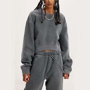 Oversized Gray Cotton Fleece <b>Pullover</b> Sweatshirt Unisex O-Neck Regular Fit Autumn Solid Color Knitted Breathable Sweatshirt Set - Product Image 2