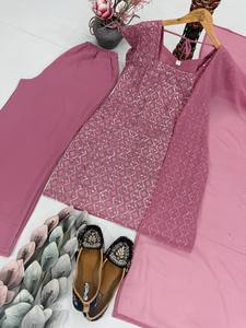 Ensemble Kurti Palazzo Dupatta brodé magenta pour femme, tenue ethnique indienne, longueur cheville, pour soirée - Product Image 3