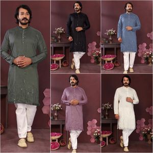 Elegant <b>Smart</b> Silk Kurta Pajama Set for Men And Embroidered <b>Mirror</b> Work Festive Wear with wholesale rate by royal export - Product Image 3